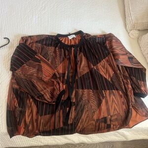 Oversized  Brown & Black Geometric Tie-Neck Blouse